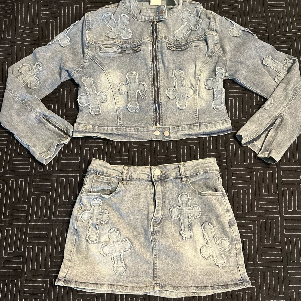 Stylish Denim Jacket and Skirt Set